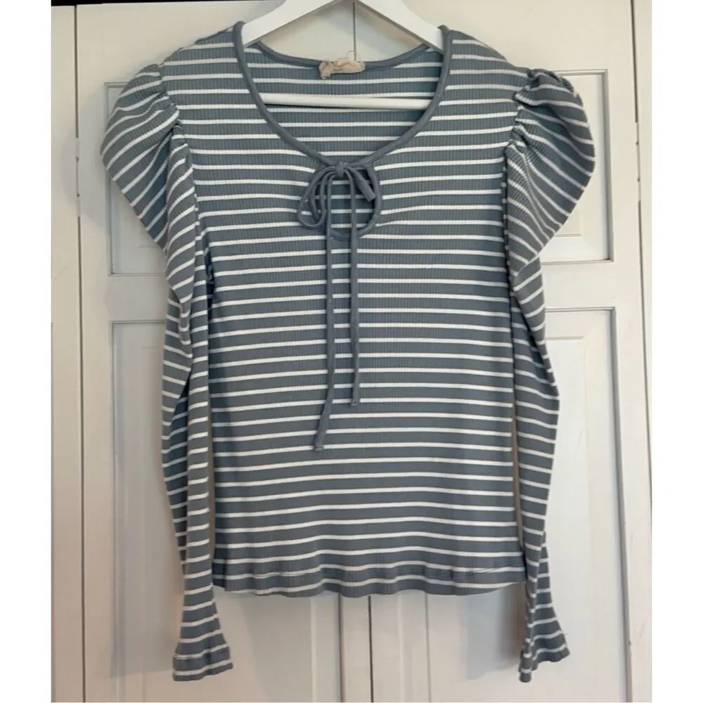 Anthropologie Porridge striped puff sleeve tie neck blouse xl
